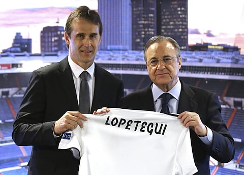 President of Real Madrid Florentino Perez (R) and newly appointed Real Madrid coach Julen Lopetegui | AP