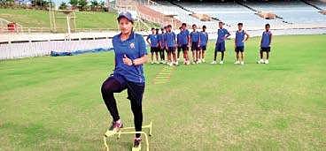 Saranya R S training cricketers at the National Cricket Academy camp