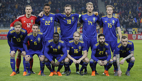 The March 27, 2017 file photo shows Sweden's national soccer team before an international friendly soccer match between Romania and Sweden on the Ion Oblemenco stadium in Craiova, Romania. | AP
