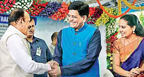 (Centre) Union Railway Minister Piyush Goyal  greets deputy CM Mohammad Mahmood Ali during the inauguration of railway service from Nizamabad to Karimnagar, in Hyderabad on Friday. Nizamabad  MP K Kavitha is also seen | Vinay Madapu