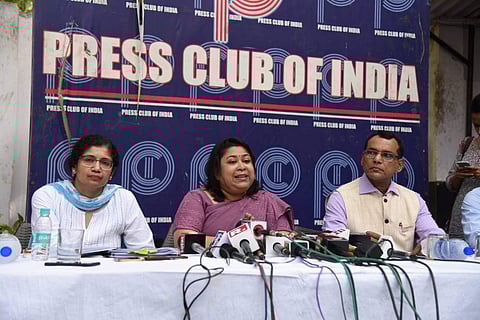 IAS officers Varsha Joshi, Manisha Saxena and Jaidev Sarang addressing a Press conference in New Delhi on Sunday. (EPS | Parveen Negi)