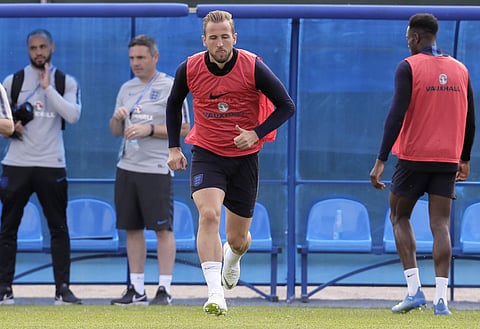 England's Harry Kane, centre, practices during England's official training. (AP)