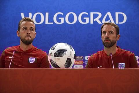 England's Harry Kane, smiles as he answers a question at a press conference for the 2018 soccer World Cup, at the Volgograd Arena in Volgograd, Russia, Sunday, June 17, 2018. England play Tunisia in a group G match Monday June 18. | AP