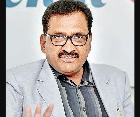 Telangana State Public Service Commission chairman Prof. Ghanta Chakrapani interacts with Express editorial team in Hyderabad on Monday |R Satish Babu