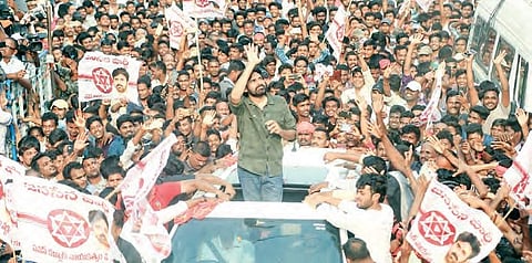 JSP chief Pawan Kalyan waving to crowds during his Porata Yatra at Saluru in Vizianagaram district on Friday | Express