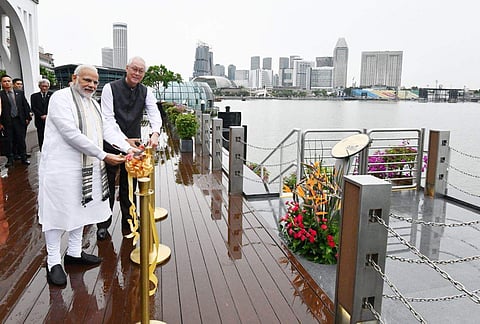 Modi, who is in Singapore on the last leg of his three-nation tour, unveiled the plaque on the seafront where some of the Mahatma's ashes were immersed in 1948.