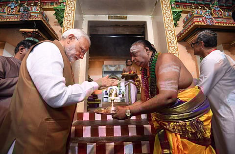 Modi, who is here on a three-day tour, visited Sri Mariamman Temple and participated in prayers. | Twitter