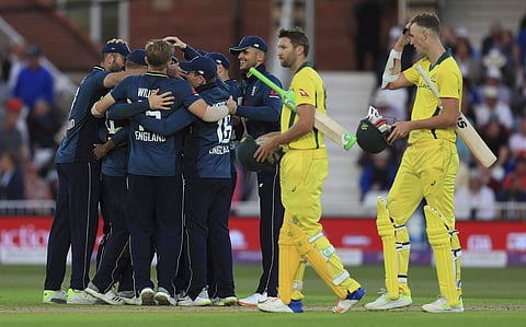 England players celebrate victory after the final wicket during the One Day International match at Trent Bridge, Nottingham Tuesday June 19, 2018. | AP