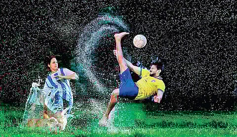 Monisha, dressed in Argentina’s jersey and Aneesh, in Brazil’s jersey  during the post-wedding photoshoot