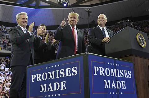 President Donald Trump gives a thumbs as he shares the stage with Pete Stauber, right, a Republican congressional candidate running in a traditionally Democratic district, and House Majority Leader Kevin McCarthy of Calif., left, during a rally at AMSOIL 