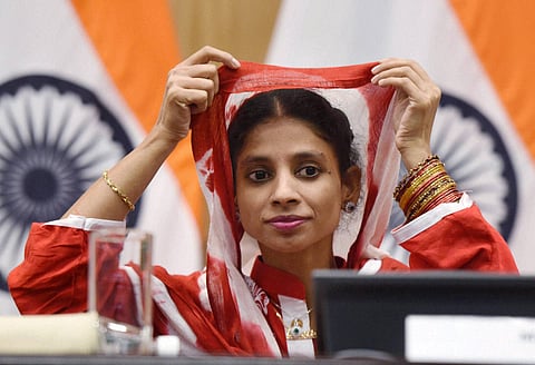 Geeta a deaf-mute Indian woman who accidentally crossed over to Pakistan more than a decade ago gestures at a press conference in New Delhi (File photo | PTI)