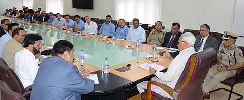 Governor Narinder nath Vohra reviewed a wide range of security management issues relating to the State with senior Civil Police Central Police Army and Central Intelligence Agency officers in a meeting held at the Raj Bhavan at Srinagar on Wednesday June 