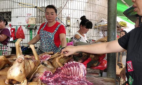 This photo taken on June 20, 2018 shows a customer (R) selecting dog meat at the Dongkou market in Yulin in China's southern Guangxi region. The annual Yulin dog meat celebration opened without a hitch on June 21, a day after a South Korean court announce