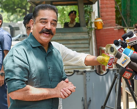 Makkal Needhi Maiam President Kamal Haasan addresses the media after meeting UPA Chairperson Sonia Gandhi in New Delhi on Thursday June 21 2018. | PTI