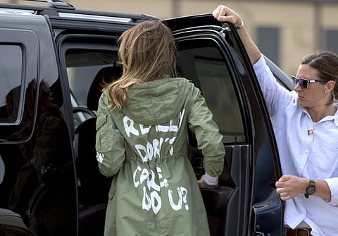 First lady Melania Trump arrives at Andrews Air Force Base, Md., Thursday, June 21, 2018, after visiting the Upbring New Hope Children Center run by the Lutheran Social Services of the South in McAllen, Texas. | AP