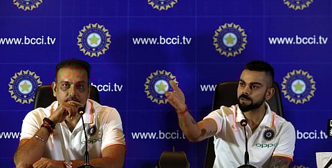 Indian cricket captain Virat Kohli R and head coach Ravi Shastri during a press conference ahead of the team's departure for England and Ireland in New Delhi on Friday. ( EPS |Shekhar Yadav )