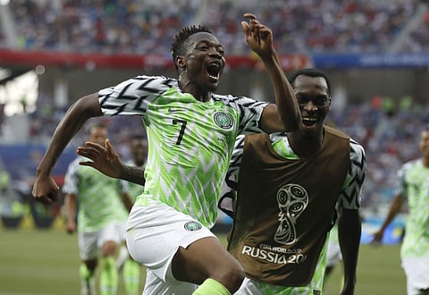 Nigeria's Ahmed Musa celebrates his team's second goal during the group D match between Nigeria and Iceland at the 2018 soccer World Cup in the Volgograd Arena in Volgograd. | AP