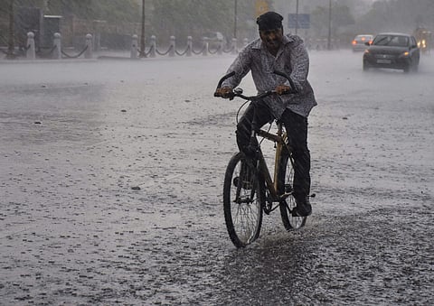 A cyclist rides through the heavy showers (File | PTI)