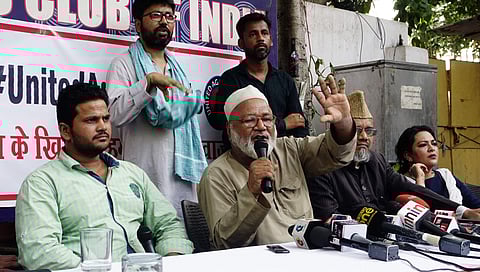 Hapur lynching: Relative of Qasim who was beaten to death by a mob allegedly for cows slaughtering and a relative of Samiyuddin who was beaten for intervening at a press conference in New Delhi on June 23, 2018. (Express Photo)