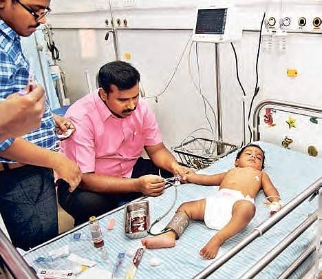 One of the four children being treated at a city private hospital after receiving MR vaccination on Saturday| Express