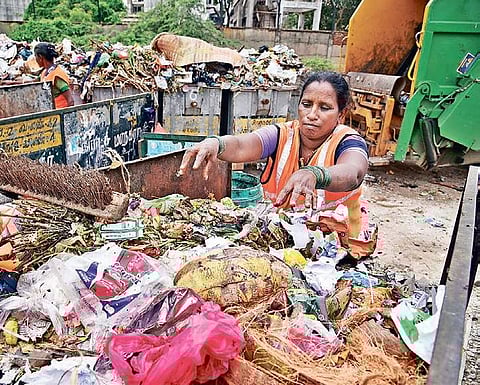 Sanitation workers allege they are not given safety kits, which include gloves, masks and jackets to carry out the work at Manali in the city | P Jawahar
