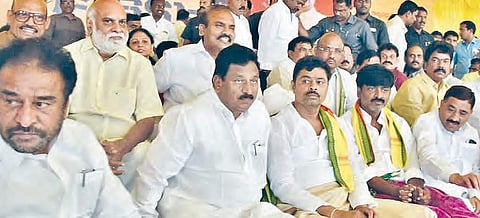 MP CM Ramesh and MLC BTech Ravi during the 5th day of their indefinite hunger strike in Kadapa on Sunday | Express