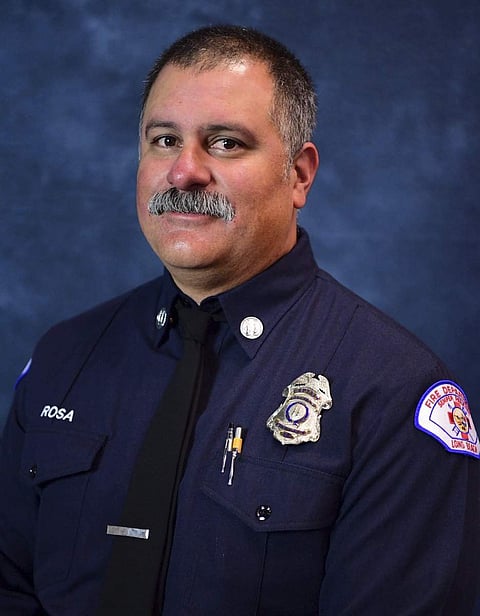 This photo provided by the Long Beach Fire Department shows Captain David Rosa who was fatally shot while responding to an emergency at a senior home on Monday, June 25, 2018 in Long Beach, Calif. Rosa, a long-time veteran of the department and leaves beh
