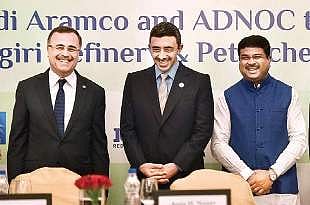 (L-R) Aramco CEO Amin H Nasser, UAE Minister Abdullah bin Zayed Al Nahyan, Union Minister Dharmendra Pradhan in New Delhi on Monday | PTI
