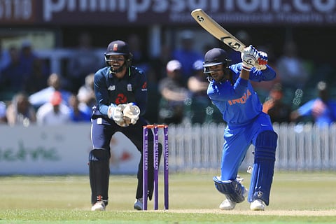 Mayank Agarwal hits out on his way to making a century during the Tri-Series match against England Lions at the Fischer County Ground | AP