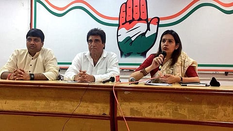 Convener for All India Congress Committee communication cell Priyanka Chaturvedi, along with team mate Rohan Gupta and UPCC chairman Raj Babbar. (Twitter Photo/ @INCUttarPradesh )