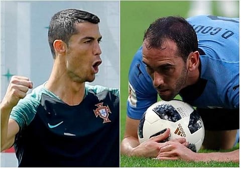 Portugal skipper Cristiano Ronaldo and Uruguay captain Diego Godin (Photos | AP)