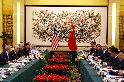 US Commerce Secretary Wilbur Ross and Chinese Vice Premier Liu He attend a meeting at the Diaoyutai State Guesthouse in Beijing. | AP