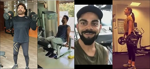 (L-R) Mohanlal, Jr. NTR, Virat Kohli and Anushka Sharma working out as part of the Fitness Challenge (Video screengrabs)
