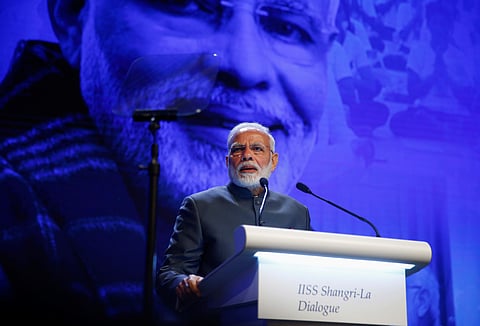 Prime Minister Narendra Modi delivers the keynote address at the IISS Shangri-la Dialogue in Singapore. (Photo | Reuters)