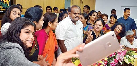 Chief Minister Kumaraswamy during a meeting with women entrepreneurs in Bengaluru on Sunday | Pushkar V