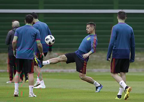 Spain's Cesar Azpilicueta kicks the ball during the official training on the eve of the group B match between Morocco and Spain at the Mirny stadium in Kaliningrad, Russia. (Photo | AP)