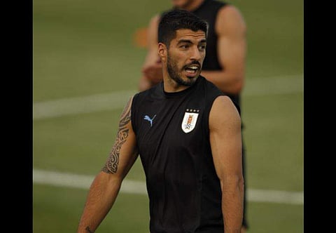 Luis Suarez during Uruguay's official training on the eve of the round of 16 match between Portugal and Uruguay at the 2018 soccer World Cup in Sochi. | AP