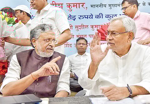 Bihar CM Nitish Kumar along with his deputy Sushil Kumar Modi in Patna. | PTI