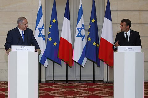 French President Emmanuel Macron and Israel's Prime Minister Benjamin Netanyahu attend a joint press conference at the Elysee Palace, in Paris | AP