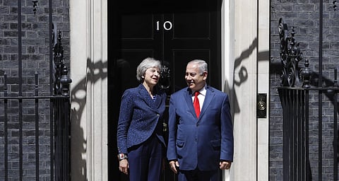 Britain's Prime Minister Theresa May greets Israeli Prime Minister Benjamin Netanyahu in Downing Street, London. | AP