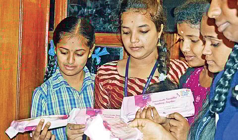 Students at the launch of biodegradable sanitary napkins, in Bengaluru on  Tuesday | sriram b n
