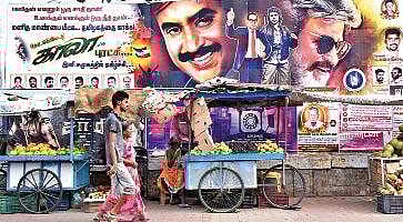 Promotional poster featuring Ambedkar and Che Guevara for Rajini starrer Kaala, in Tiruchy on Tuesday | M K Ashok Kumar