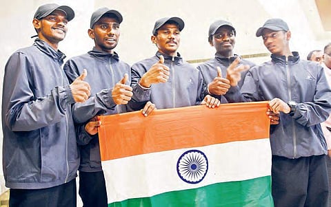 Students who climbed Mount Everest were given a rousing welcome on their arrival in Vijayawada | R V K Rao