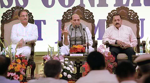 Union Home Minister Rajnath Singh addresses a press conference as Jammu and Kashmir deputy chief minister Kavinder Gupta and PMO MoS Jitendra Singh look on in Jammu on Friday June 08 2018. | PTI