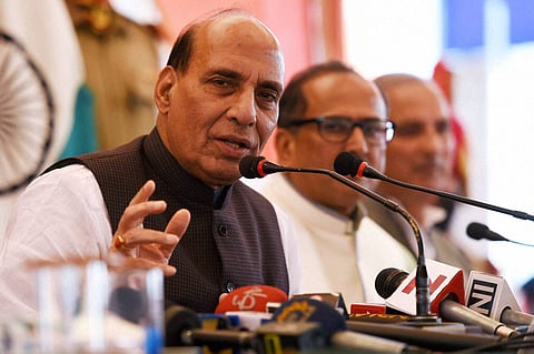 Union Home Minister Raj Nath Singh addressing a press conference in Srinagar. (PTI)