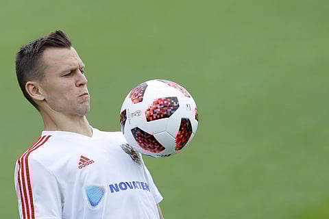 Russia's Denis Cheryshev controls the ball during Russia's official training ahead of the round of 16 match between Russia and Spain. (Photo | AP)