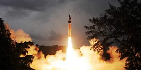 Agni-V missile being test fired from Kalam Island off Odisha coast. (File | EPS)