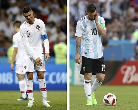 The two most recognizable names in world football, Lionel Messi and Cristiano Ronaldo were eliminated from the FIFA World Cup on Saturday. This could have been the last time at the World Cup for both the 33-year-old Ronaldo of Portugal and the 31-year-old Messi of Argentina, and neither got close to a title. But, the first day of knockout matches still had plenty of star power. Here are some of the best moments of the day in pictures.  (Photo | AP)
