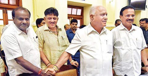 The Cauvery issue seems to have united politicians in the state. BJP state chief B S Yeddyurappa shakes hands with Chief Minister H D Kumaraswamy at the all-party meet to discuss the state’s stand on Cauvery Water Management Authority, in Bengaluru on Sat