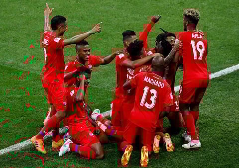 Panama's players celebrate after scoring during the Russia 2018 World Cup Group G football match against Tunisia at the Mordovia Arena in Saransk. | AFP